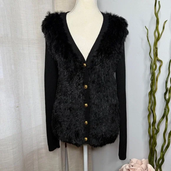 Gianni Versace Versus Rabbit Fur Knit Wool Sweater Black Cardigan IT 42 US 6 - Picture 2 of 15